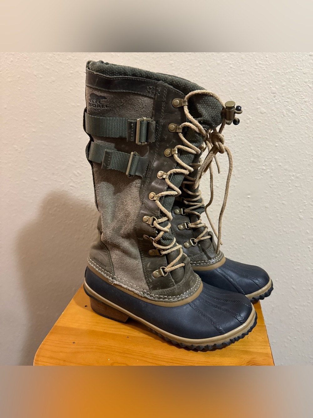 Sorel Carly II Suede Conquest Olive and Navy Lace-Up Waterproof Duck Boots
